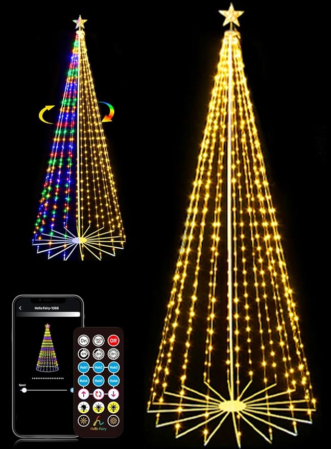 9FT 444LEDS Outdoor Christmas Tree Lights, Smart Cone Tall Pop Up with Star, Timer, Waterproof, APP & Remote, Music Sync, Multicolor/WarmWhite, Outside Xmas Yard Porch Decor
