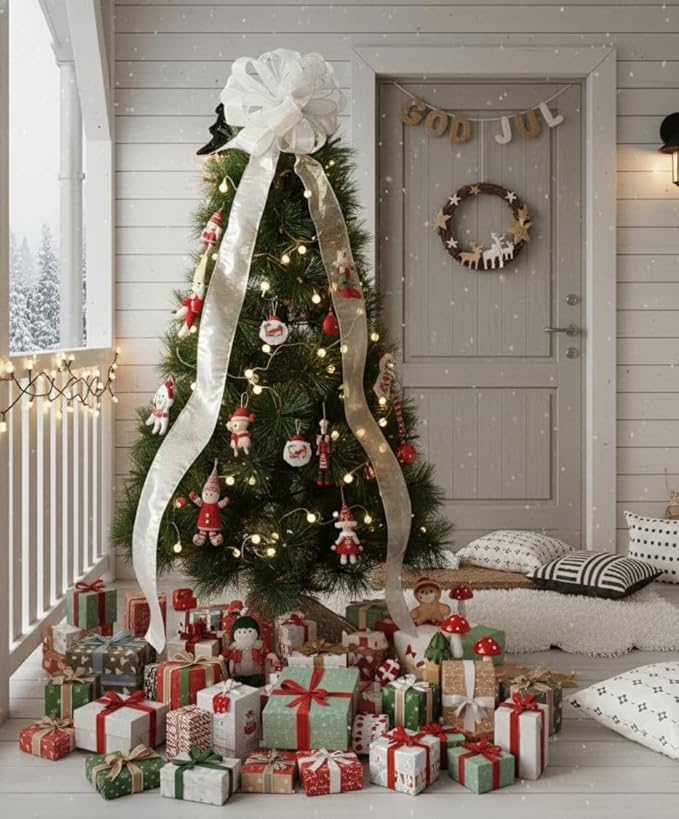 CT CRAFT LLC Sliver Snowflake Less Glitter Christmas Tree Topper Bow 11" with 4 Ribbon Streamers x 3 Yards Long Each for Holidy Elegant Fancy Home Décor Indoor