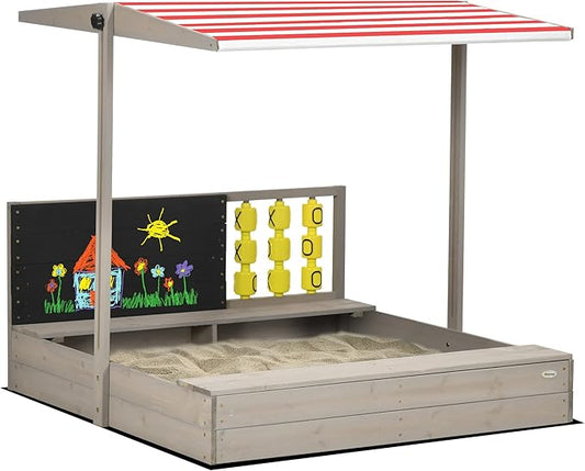 Outsunny Kids Sandbox with Canopy, Bench Seats Wooden Sand Pit, Backyard Toy with Chalkboard, Tic Tac Toe Game, Gift for Girls and Boys, Ages 3-7