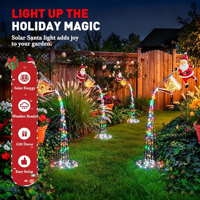 Christmas Santa Solar Kettle Lights Garden Lawn Decorative Lights, Hanging Metal Solar Santa Claus Watering Can Light for Outdoor, Xmas Yard Decor Lamp Vintage Lantern for Patio Path (Multicolor)