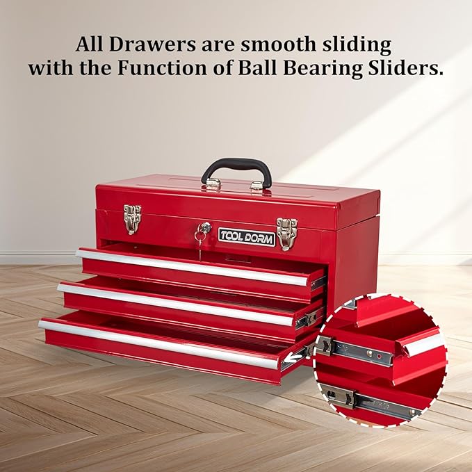 20.3¡° Metal Tool Box with Drawer Portable Steel Tool Box with Protective Liner and Latch Closure and Lock for Garage, Home and Warehouse (Red-3 Drawers)