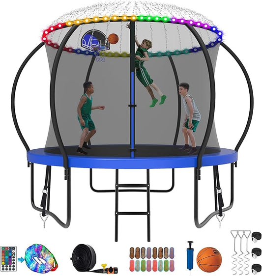SKYUP 2026 Upgraded 8 10 12 14 15 16 FT 1500lbs Tranpoline for Kids and Adults with Light+Sprinkler+Socks, Recreational Tranpoline with Basketball Hoop, Ladder, ASTM Approved Tranpoline for 7-10 Kids
