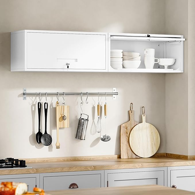 Yizosh Metal Wall Cabinet with Doors, Wall Mounted Storage Cabinet - Floating Tool Cabinet for Kitchen, Basement, Warehouse (White, 13.7 H)