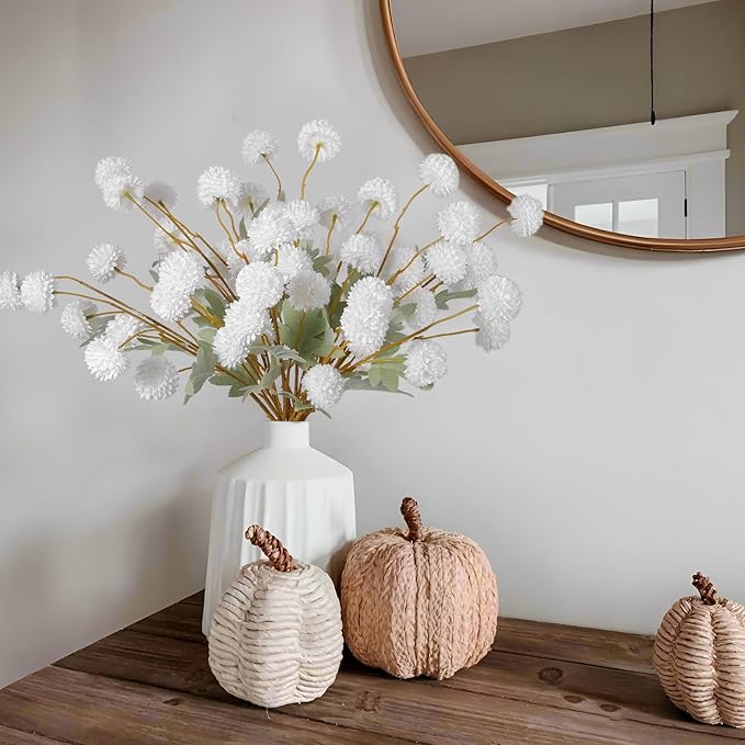 Hananona 12 Pcs Artificial Kiku Flowers, Fake White Chrysanthemum Pom Pom Mums Flower Faux Floral Arrangements Wedding Centerpiece for Fall Home Kitchen Decor (12, White)