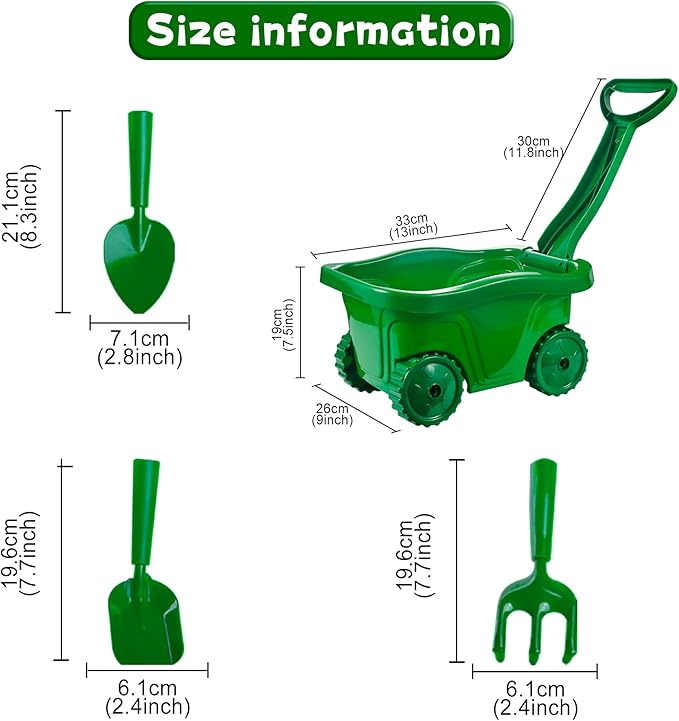 Duckura Kids Wheelbarrow Set - Gardening Tools for Kids with Shovel, Rake, Trowel, Outdoor Yard Lawn Digging Weed Toys, Christmas Birthday Gifts for Boys Girls Age 2 3+Years Old(Green A)