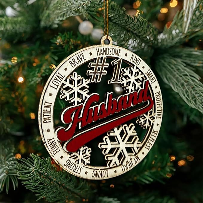 #1 Husband Wooden Christmas Ornament – Rustic Holiday Tree Hanging Decoration, Romantic Xmas Gift for Husband, Anniversary or Stocking Stuffer Keepsake