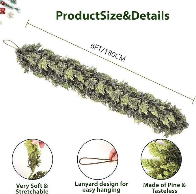 AONEGOLD 2PCS Christmas Garland with Hangers 6FT Green Faux Cedar Pine Norfolk Garland for Fireplace Mantel Door Frame Home Holiday Party Decor, Realistic Artificial Christmas Wreath Decorations
