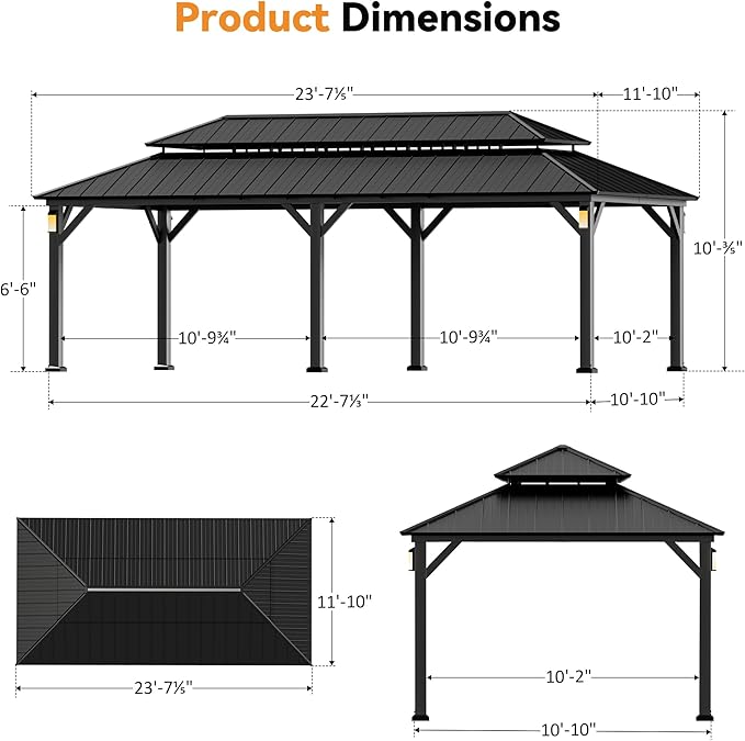Modern Shade The Horizon Permanent Hardtop Gazebo 12' x 24' with 4 LED Lights, Outdoor Gazebo with Galvanized Steel Double Roof, Patio Pavilion w/Decor Hooks, Mosquito Netting and Curtains, Black