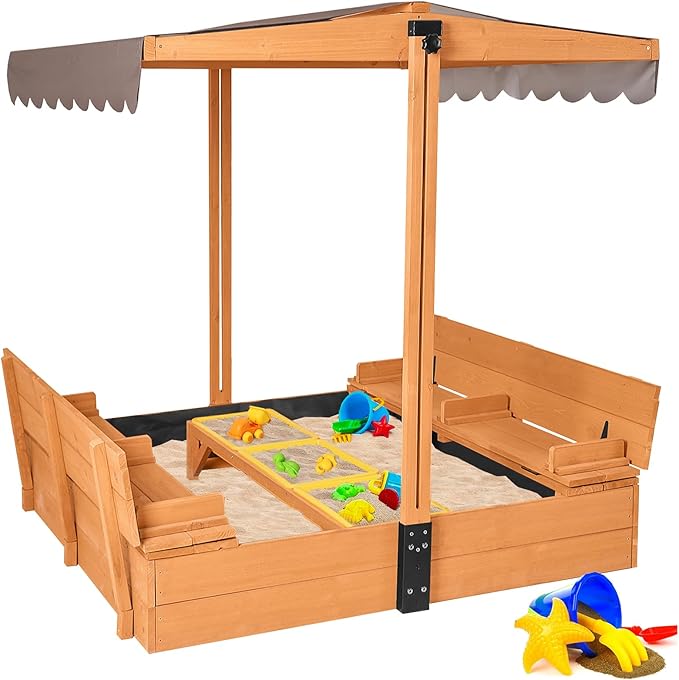 Large Wooden Kids Sand Box with Cover,Sandbox with Lid Foldable Beench Seats,Sand Boxes for Backyard Garden, Beach Patio Outdoor