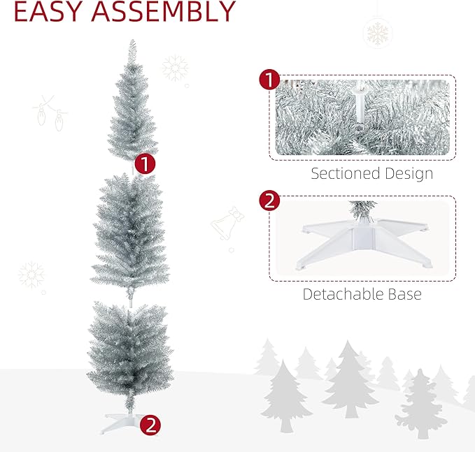 HOMCOM 7' Artificial Pencil Christmas Tree, Slim Xmas Tree with 499 Realistic Branch Tips and Plastic Stand, Silver