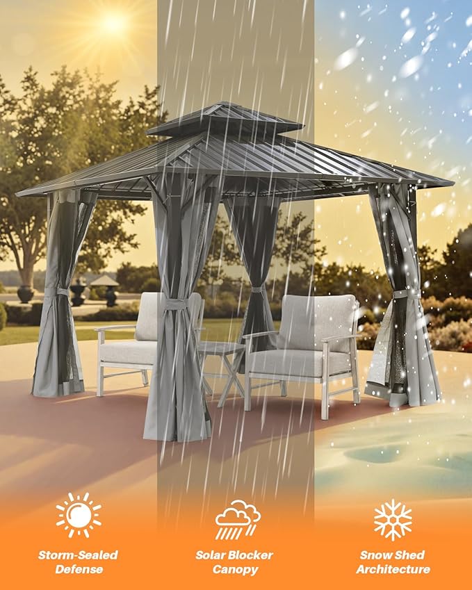 12' x 12' Hardtop Gazebo, Aluminum Frame Patio Hardtop Gazebos with Netting and Curtain, Outdoor Patio Pergola, Outdoor Patio Gazebo with Double Metal Roofs for Lawns, Garden, Deck, Slate Gray