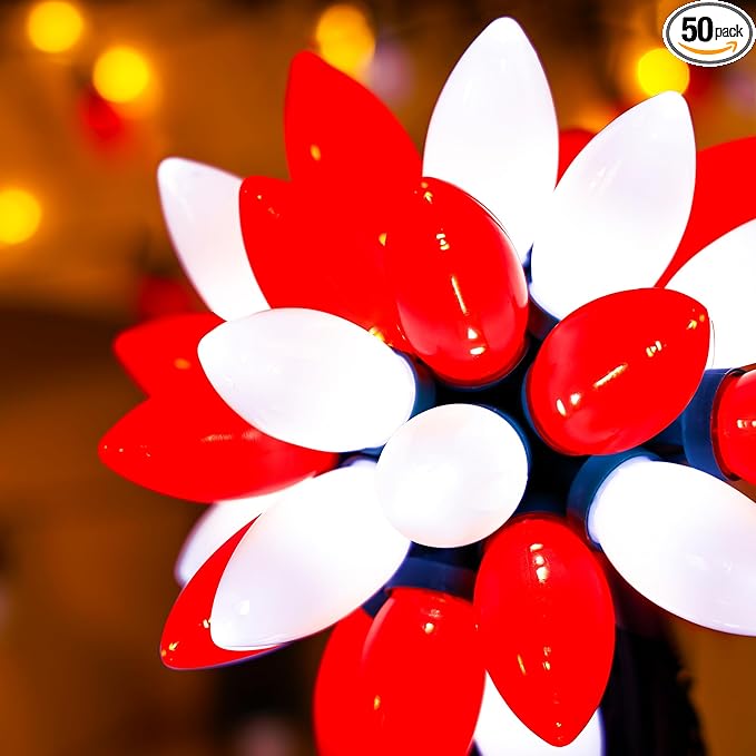 HAYATA C9 Bulbs Classic Christmas Lights - 50 LED 32ft Strawberry String Light Red&White - Extendable 8 Modes Funtion with Timer Fairy Lighting for Outdoor, Indoor, Party, Home, Tree Decorations