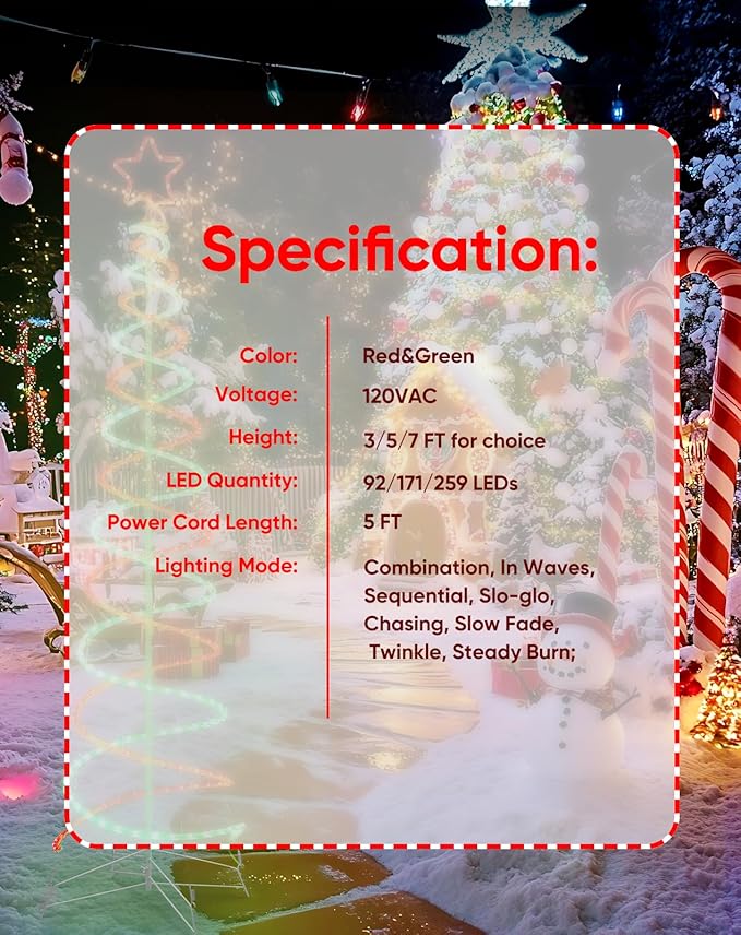 Double Spiral Christmas Tree Light Outdoor, Outdoor Light Up Christmas Tree with 8 Mode Controller, 120V Plug&Play ETL Waterproof for Xmas New Year Yard Garden, Red&Green, 7FT