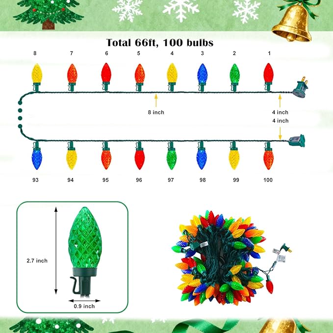 C9 LED Outdoor Christmas Lights,C9 String Lights with Quick Clips,for Xmas House Roof Gutter,Plug in & Connectable,66FT 100 Light,Multicolor