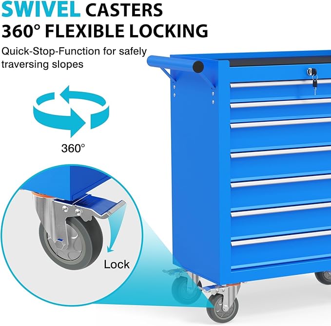 7 Drawers Rolling Tool Box, Portable Storage Tool Chest with Wheels, Toolbox with Lock for Warehouse, Garage, Repair Shop and Tool Room (Blue)