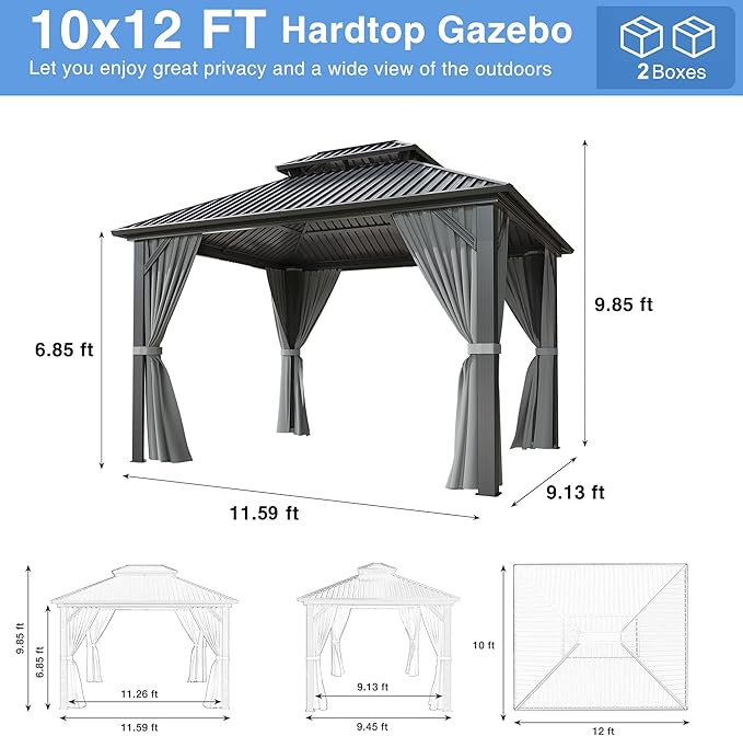 10x12 FT Gazebo Hardtop Gazebo, Aluminum Pergola with Double Galvanized Steel Roof, Curtains and Netting Included, Outdoor Gazebos Canopy for Patio, Backyard, Deck, Lawn,Grey