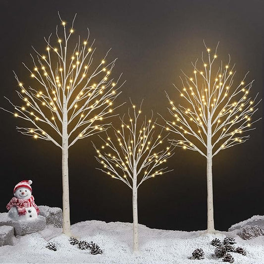 6FT, 5FT and 4FT, Set of 3 Pack Christmas Lighted Birch Tree, Higher Size & Timer Function, 300 LED Twinkling Twig Birch Christmas Tree with Warm White Lights for Indoor Outdoor Christmas Decorations