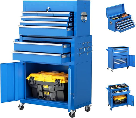 Crownland 8-Drawer Rolling Tool Chest with Wheels, Lockable 2 in 1 Detachable Tool Cabinet wit Drawers and Black Liners, Garage Top Toolbox & Bottom Storage Cart with Side Hooks(Blue)