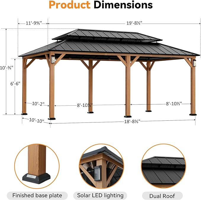 Modern Shade The Horizon Hardtop Gazebo 12' x 20' with 4 LED Lights, Permanent Outdoor Gazebo with Galvanized Steel Double Roof, Grill Pavilion with Decor Hooks, Mosquito Nettings, Wood-Looking