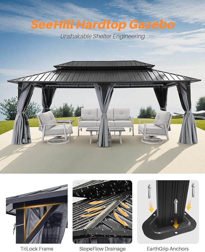 12' x 20' Hardtop Gazebo, Outdoor Patio Gazebo, Aluminum Frame Patio Hardtop Gazebos with Netting and Curtain, Outdoor Patio Pergola with Double Steel Roofs for Deck, Lawn, Parties, Slate Gray