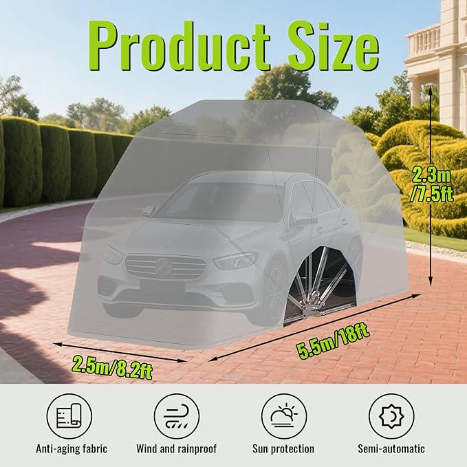 Portable Stainless Steel Garage, Folding Car Canopy, Retractable Semi-Automatic Car Tent, Heavy Duty Carport 18×8.2×7.5FT for Car, Boat, with All-Season Tarp,Grey,Manual