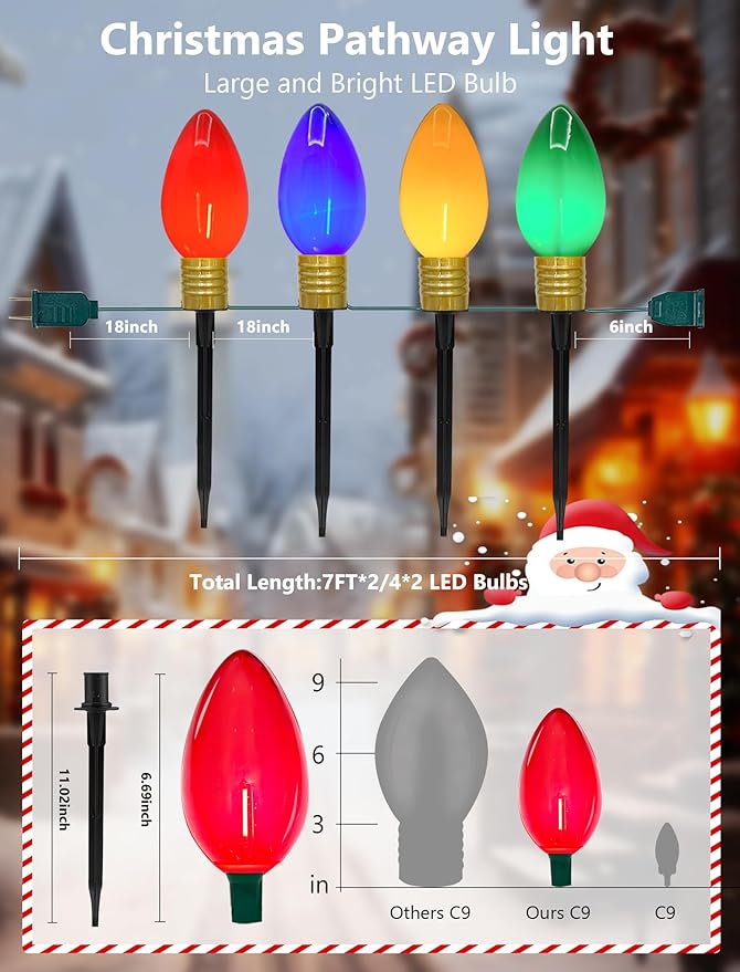 Christmas Lights Jumbo C9 Outdoor Lawn Decorations with Pathway Marker Stakes, 2 Pack 7 Feet String Lights with Multi Color Giant Lighted Bulbs for Holiday Outside Yard Garden Decor, 8 Lights