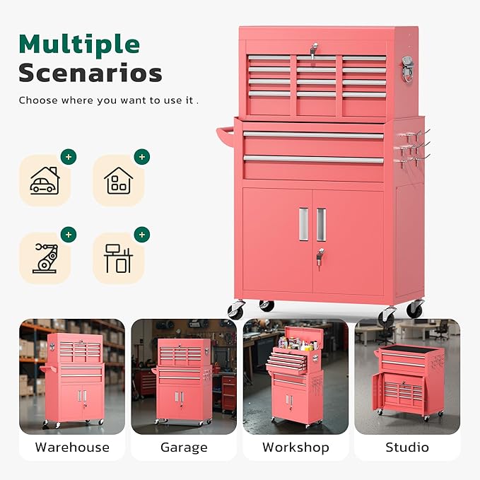 Greenvelly Tool Chest, 8-Drawer Rolling Tool Chest with Hooks and Lockable Wheels,Metal Storage Detachable Top Tool Box with Lockable Wheels for Garage,Workshop,Art Studio(Pink)