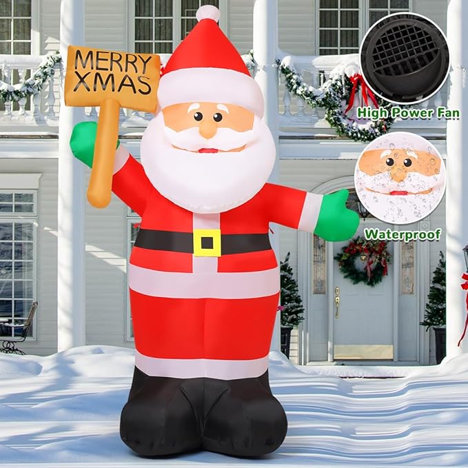 GOOSH 8 FT Christmas Inflatables Santa Claus Outdoor Decorations Blow Up Yard Santa Claus Holding Merry Xmas Sign with Built-in LEDs for Holiday Party Xmas Yard Garden Lawn Decor
