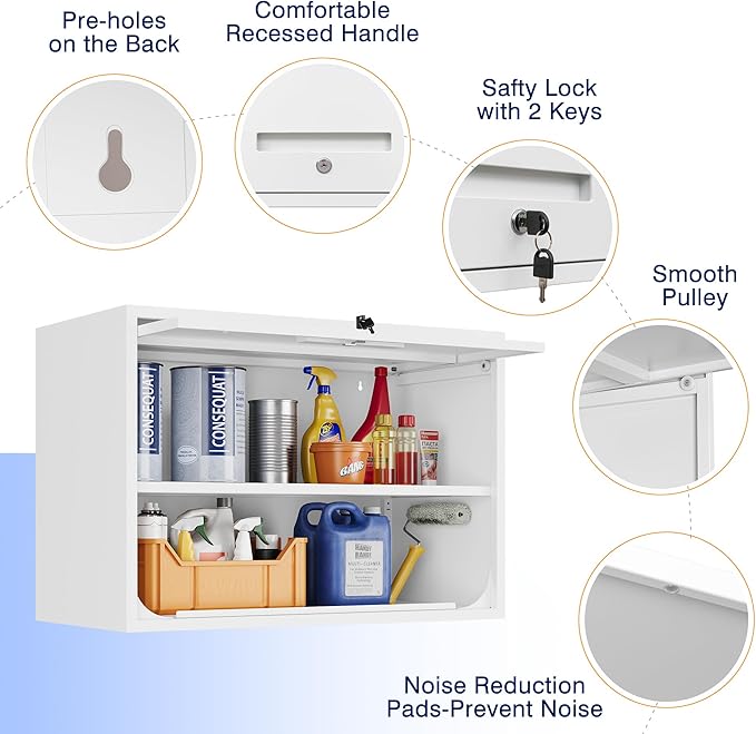 Yizosh Metal Wall Cabinet with Doors and Shelves, Floating Storage Unit for Garage or Basement (White, 21.6 H)