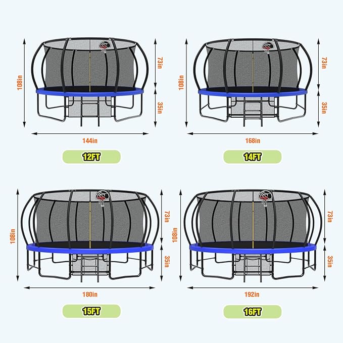 Lyromix 12 14 15 16FT Outdoor Trampolines for Kids and Adults, Pumpkin Trampolin with Curved Poles, Recreational Trampolin with Basketball Hoop and Safety Enclosure Net for Kids and Adults