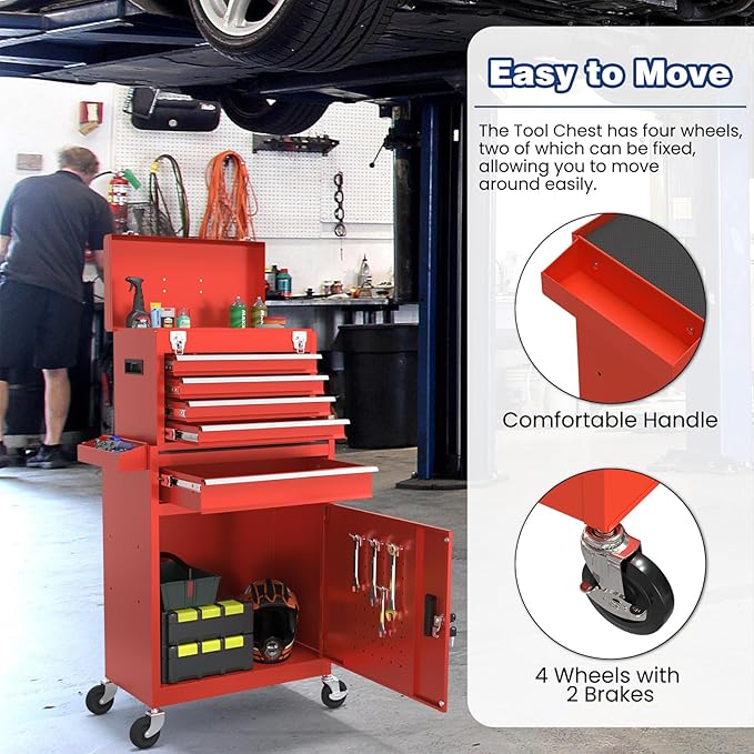 Rolling Tool Box with Wheels, 5-Drawer High Capacity Tool Chest with Wheels, Removable Storage Toolbox with Lock for Garage, Workshop (Red)