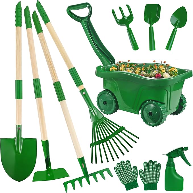 Duckura Kids Gardening Tools Set - 10pcs Wheelbarrow Set for Kids with Shovel, Rake, Leaf Rake, Summer Outdoor Yard Digging Weed Toys, Christmas Birthday Gifts for Boys Girls Age 2 3+ Years Old(Green)