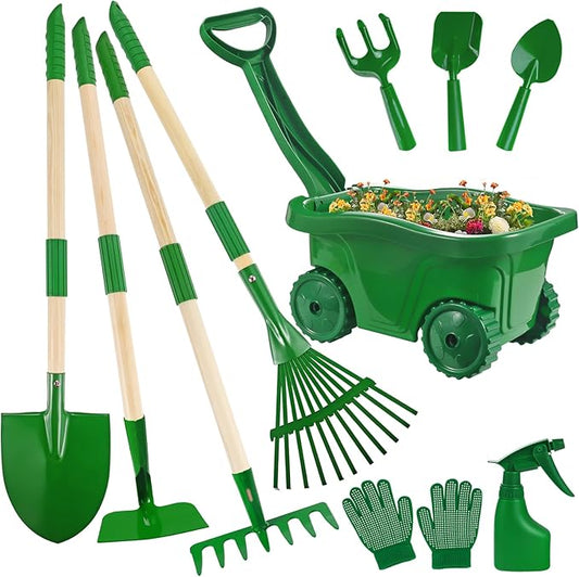 Duckura Kids Gardening Tools Set - 10pcs Wheelbarrow Set for Kids with Shovel, Rake, Leaf Rake, Summer Outdoor Yard Digging Weed Toys, Christmas Birthday Gifts for Boys Girls Age 2 3+ Years Old(Green)