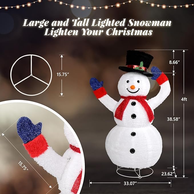 VINGLI 4FT Lighted Snowman Christmas Decorations w/ 120 LED Lights, Auto Take on/Off Hat, Pop-up Snowman Ornaments with Ground Stakes for Outside Holiday Indoor Decor