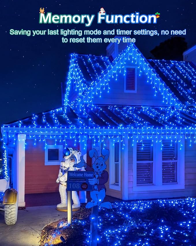 159 FT Blue Christmas Lights Outdoor, 1458 LED Waterproof Outside Christmas Lights Plug in, Timer & Memory, 8 Modes Fairy Lights with 324 Drops for House Eaves Yard Patio Wedding Decorations