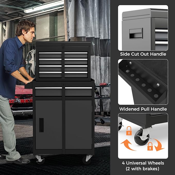 IRONMAX Rolling Tool Chest, 5-Drawer Lockable Tool Cabinet w/Adjustable Shelf & 4 Universal Wheels, 2 in 1 Detachable Tool Box Storage Organizer for Garage Workshop Repair Shop, Grey