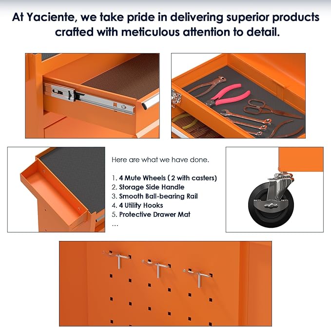 5-Drawer Rolling Tool Chest, High Capacity Removable Tool Storage Cabinet, Detachable Toolbox with Lock for Garage Warehouse and Tool Room (Orange)