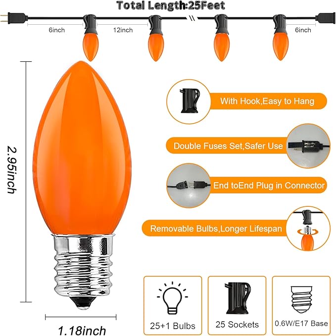 C9 LED Orange Halloween String Lights 25Ft Outdoor Christmas Decorations Lights with 26 LED Shatterproof Orange Bulbs, Hanging Christmas Lights for Outdoor Patio Roofline Backyard Party Garden Lawn