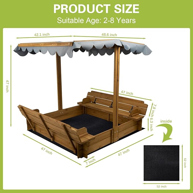 PetsCosset Wooden Sandbox with Lid, Kids Sandbox with Cover Outdoor, with 2 Foldable Bench Seats for Backyard (47x47in), UV-Resistant & Adjustable Height Roof, Gift for Ages 2-8