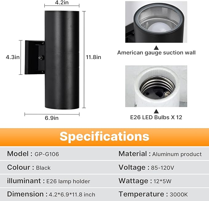 Dusk to Dawn Outdoor Wall Lights 6 Packs, Modern Outdoor Porch Lights with Bulbs, Integrated LED Cylinder Exterior Light Wall Mount, Up and Down Lighting Wall Sconce for House Porch Door