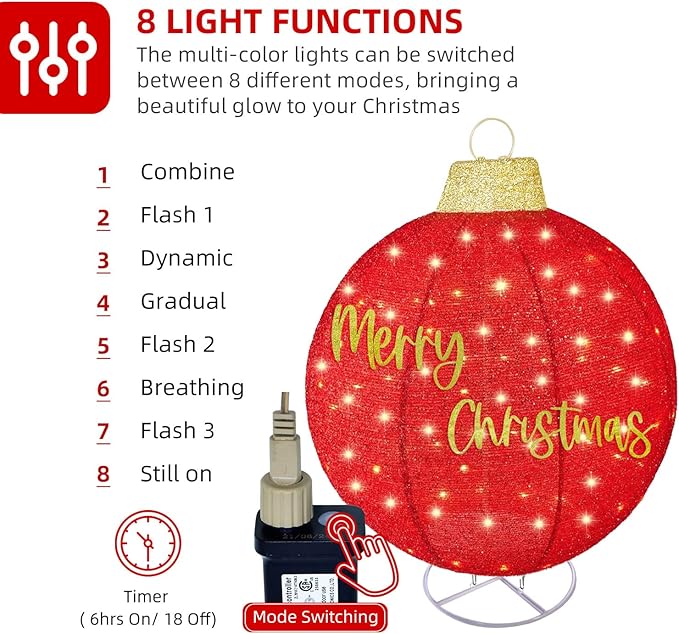 HOYECHI 4-Piece Oversized Christmas Ornament Set – Lighted Holiday Balls with 400 LEDs, 8 Lighting Modes, Waterproof Outdoor Yard Decorations - Red/Green/White/Yellow