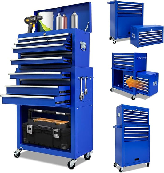 13-Drawer Tool Chest with Wheels,2 in 1 Detachable Rolling Tool box with Drawers,Large ToolBox with Lock,Mobile Steel Tool Cabinet Storage for Warehouse,Garage-Blue
