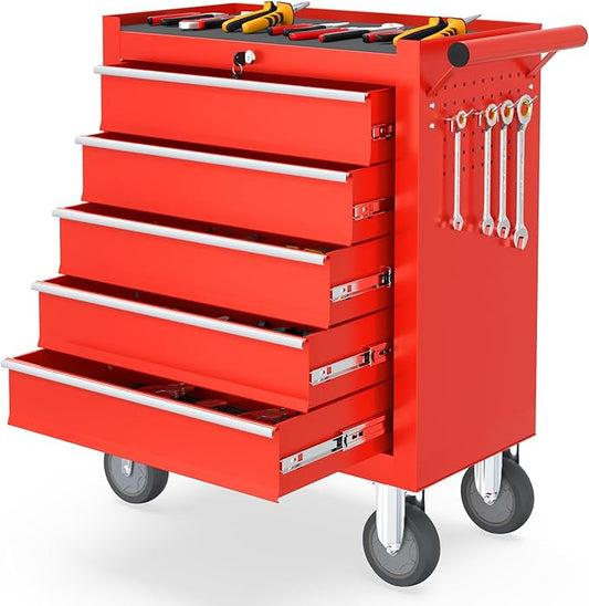 5 Drawers Rolling Tool Chest, Portable Storage Tool Box with Wheels, Tool Chest with Lock for Warehouse, Garage, Repair Shop and Tool Room (Red)