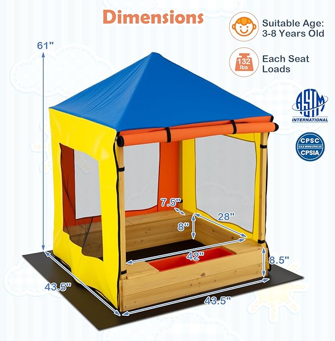 Costzon Kids Wooden Sandbox with Canopy, Outdoor Fir Wood Playhouse with Bottom Liner, Roll-up Door Curtains, Bench Seats & Storage Space, Sand Playground for Garden Backyard (Yellow&Blue)