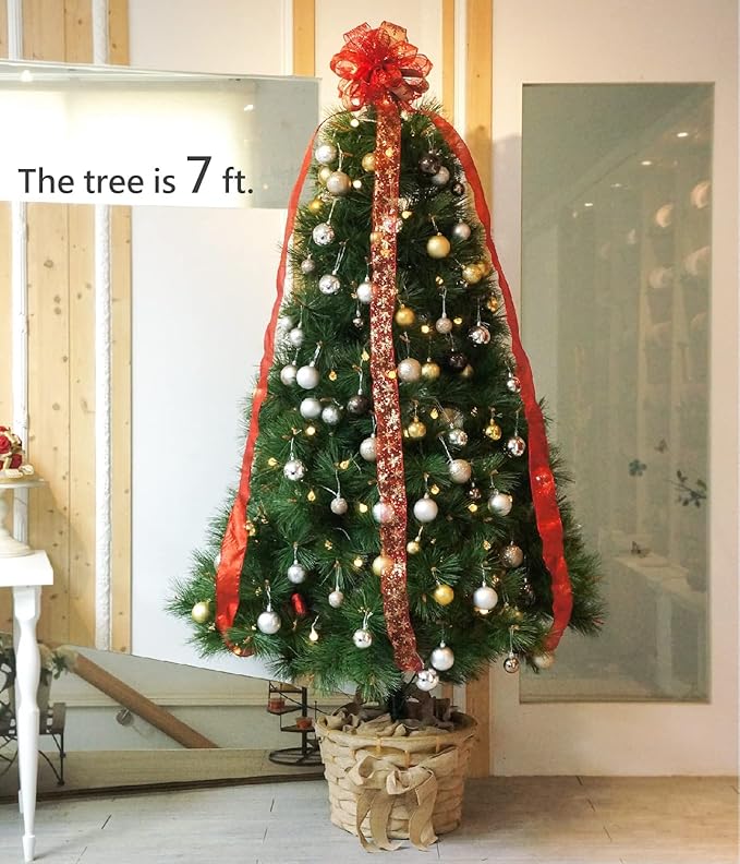 CT CRAFT LLC Red Snowflake Christmas Tree Topper Bow 11" with 4 Ribbon Streamers x 3 Yards Long Each for Holidy Elegant Fancy Home Décor Indoor
