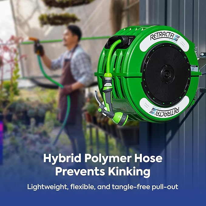 Macnaught Retractable Garden Hose Reel, 60 Ft Water Hose Reel Heavy Duty Retractable Hose with Metal 180¡Æ Swivel Rotation Bracket for Wall Mount - Green