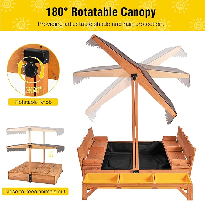 Aivituvin Kids Sand Boxes with Lid and Canopy, Outdoor Sandboxes with Cover, Foldable Bench Seats, Retractable Roof, Sand Table for Kids Ages 4-8 (Brown with Toy Bins)