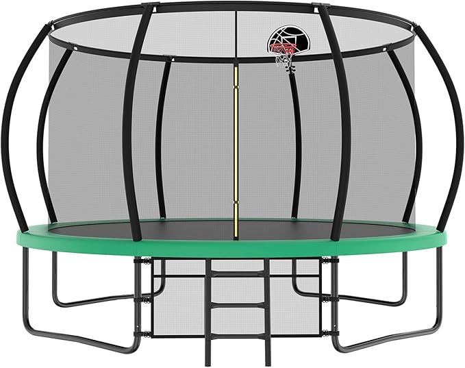 Lyromix 12 14 15 16FT Outdoor Trampolines for Kids and Adults, Pumpkin Trampolin with Curved Poles, Recreational Trampolin with Basketball Hoop and Safety Enclosure Net for Kids and Adults