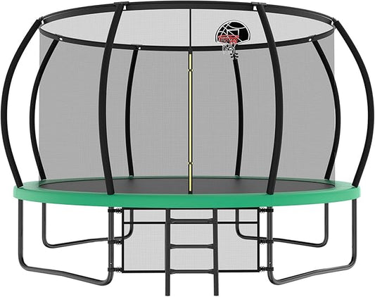 Lyromix 12 14 15 16FT Outdoor Trampolines for Kids and Adults, Pumpkin Trampolin with Curved Poles, Recreational Trampolin with Basketball Hoop and Safety Enclosure Net for Kids and Adults
