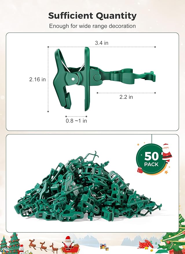 C7 C9 Christmas Lights Spring Clips, 50 Count Quick Clips for E12, E17 Socket, Rope Lights for Roofline, Fence, Railing, Mantel, Christmas Trees